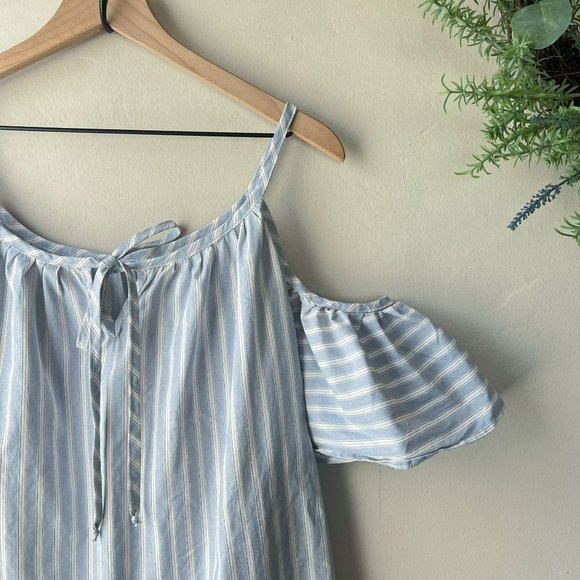 Blue White Striped Cold Shoulder Tie Neck Blouse - Picture 2 of 9